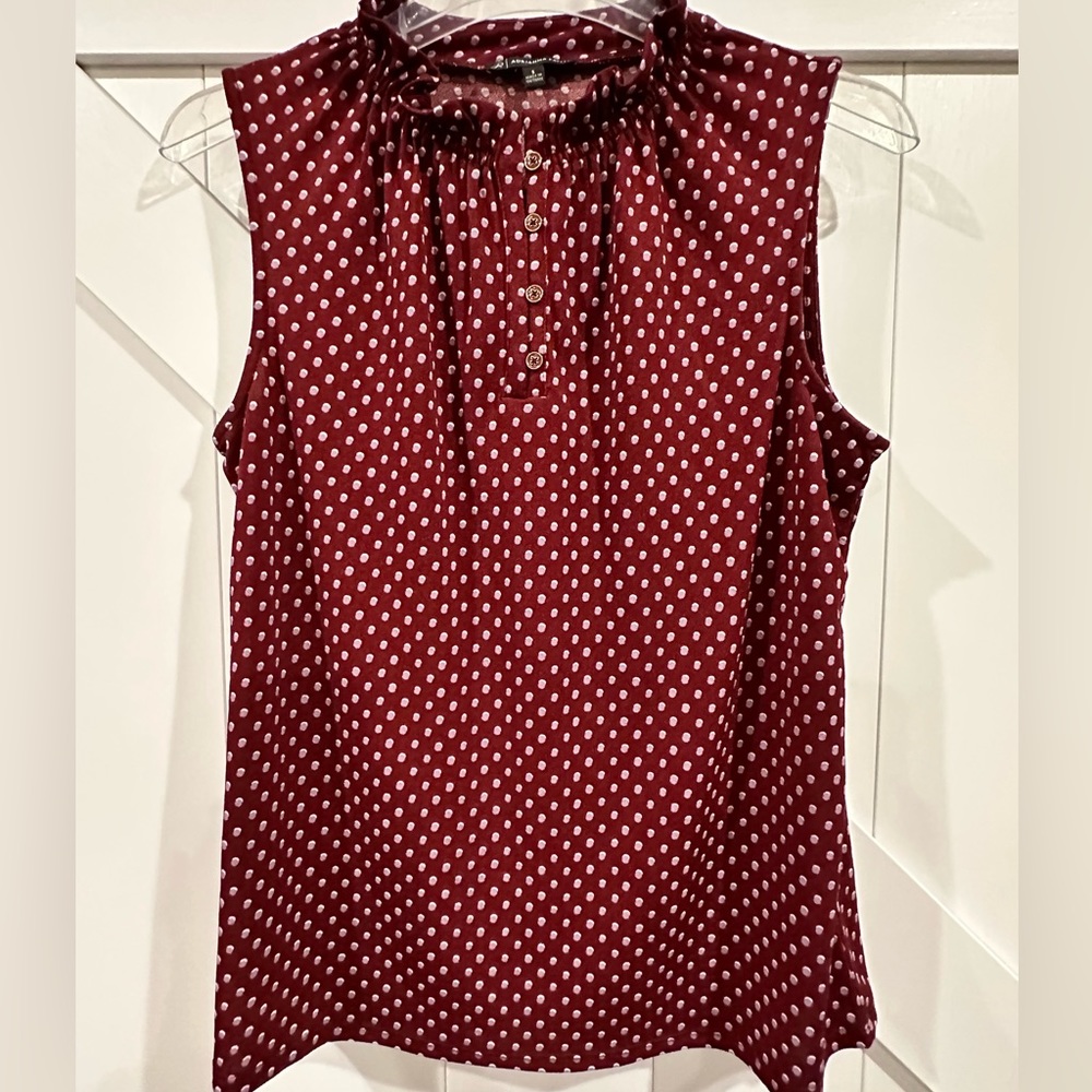 Maroon sleeveless polka dot blouse